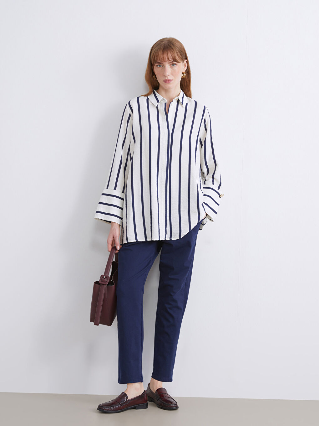 Lacivert Büyük Beden Çizgili Kadın Gömlek Tunik-2