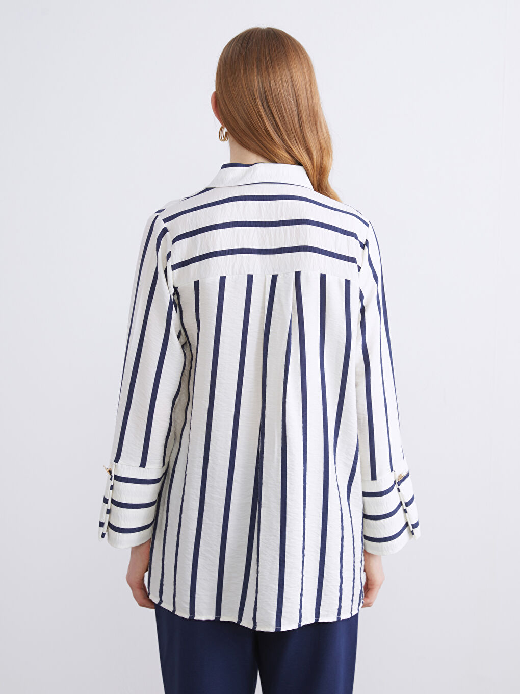 Lacivert Büyük Beden Çizgili Kadın Gömlek Tunik-4