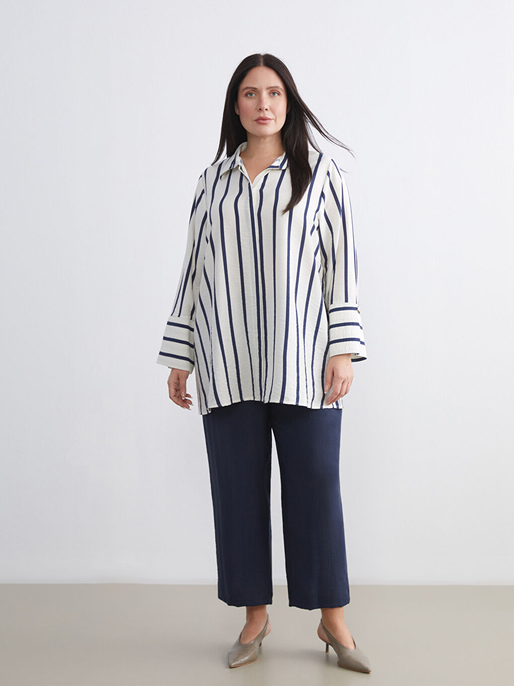 Lacivert Büyük Beden Çizgili Kadın Gömlek Tunik-5