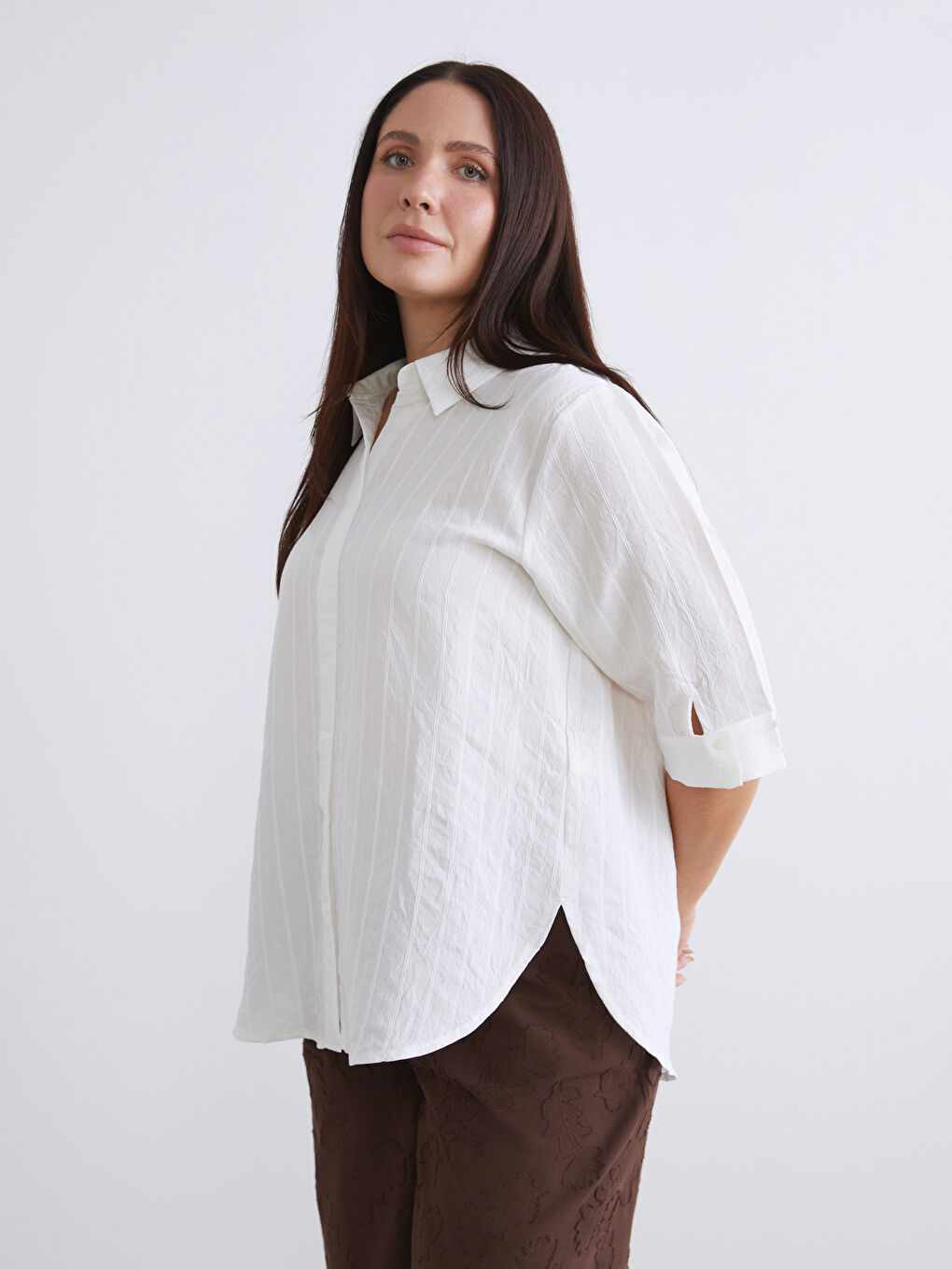 Ekru Gömlek Yaka Çizgili Oversize Bluz-1