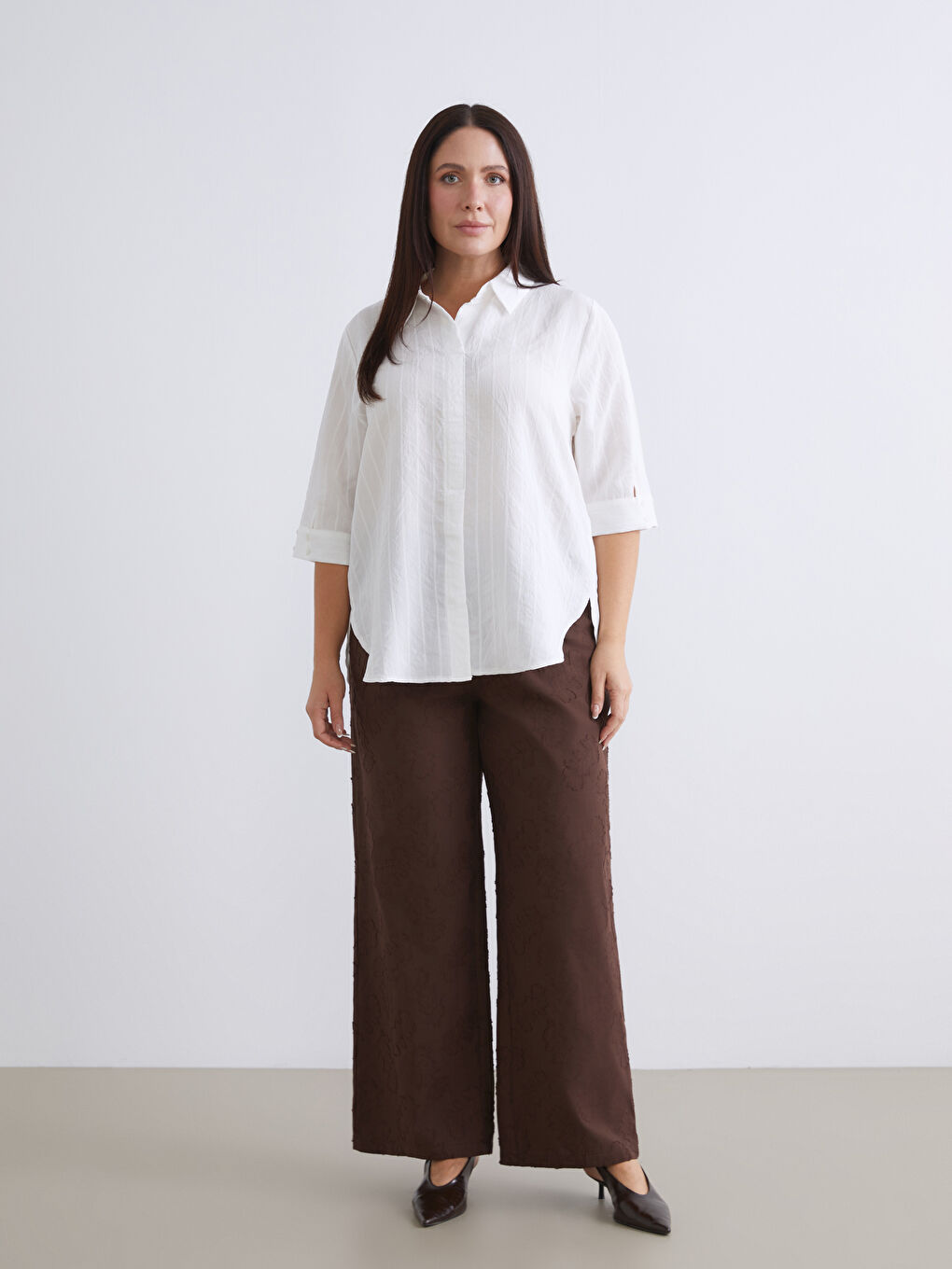 Ekru Gömlek Yaka Çizgili Oversize Bluz-5