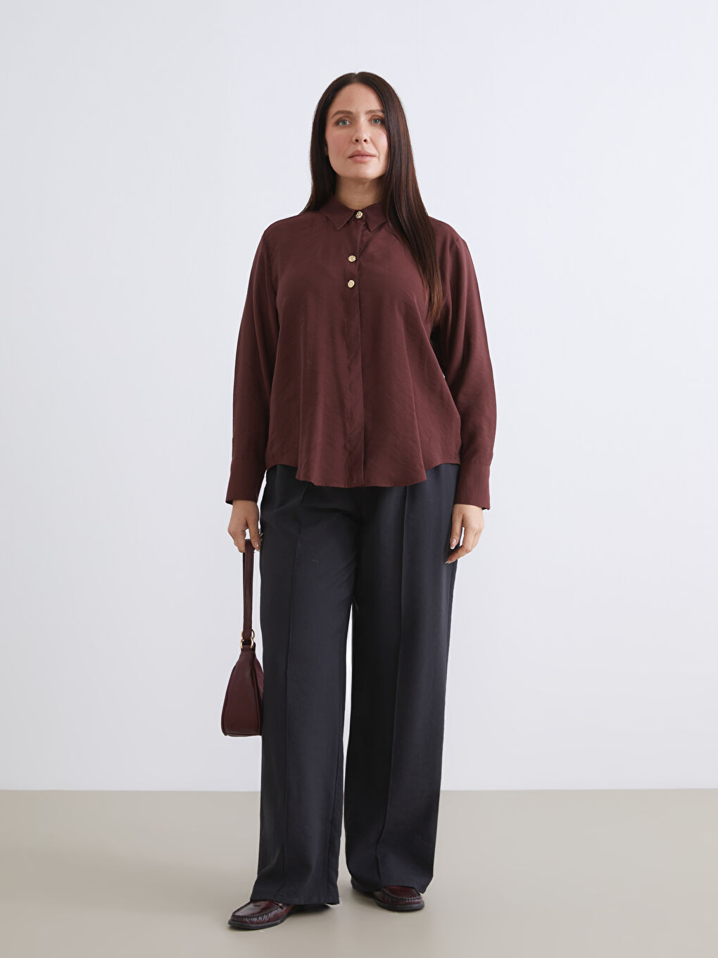 Kahverengi Loose Fit Kadın Gömlek-5