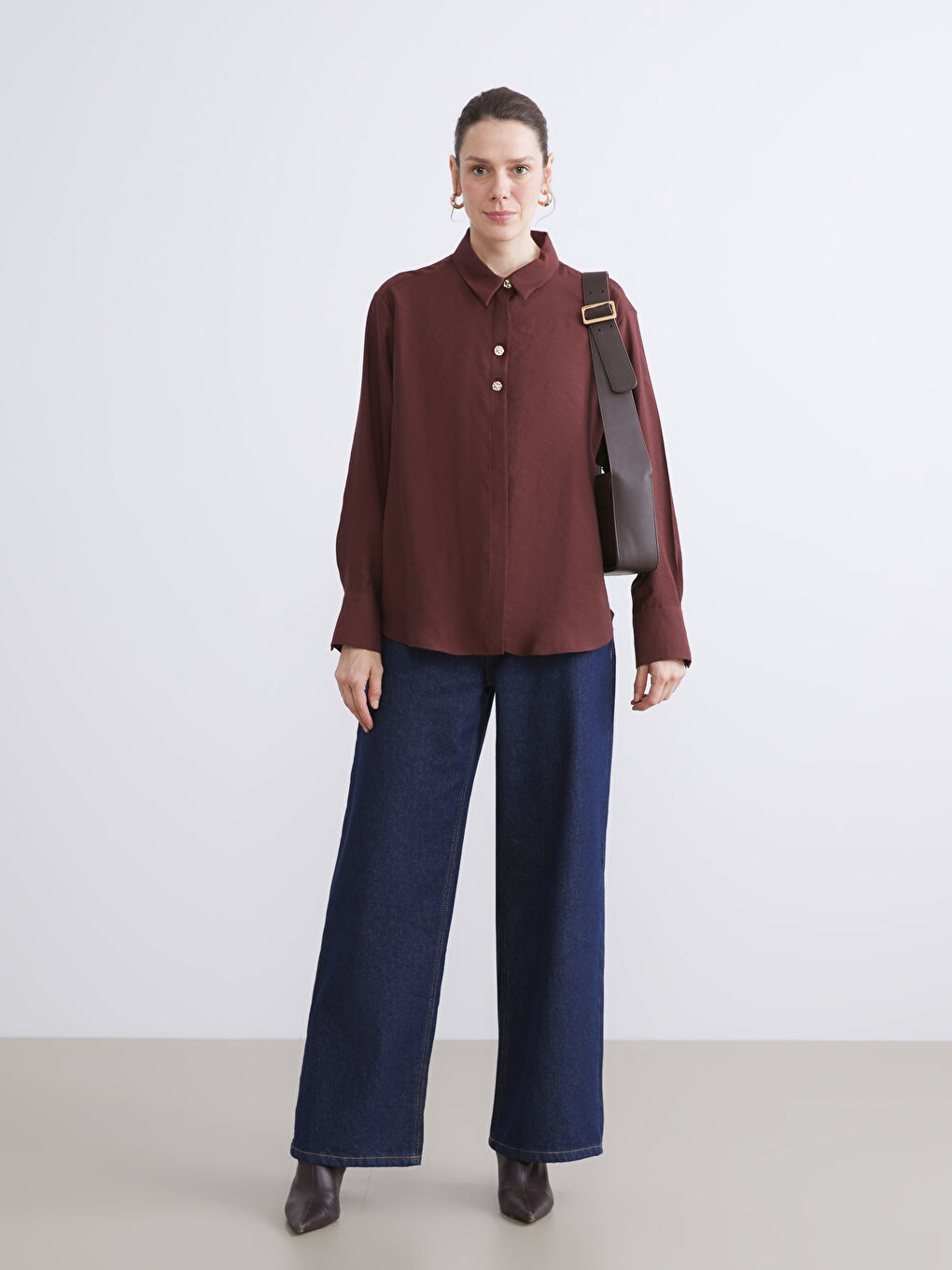 Kahverengi Loose Fit Kadın Gömlek-2