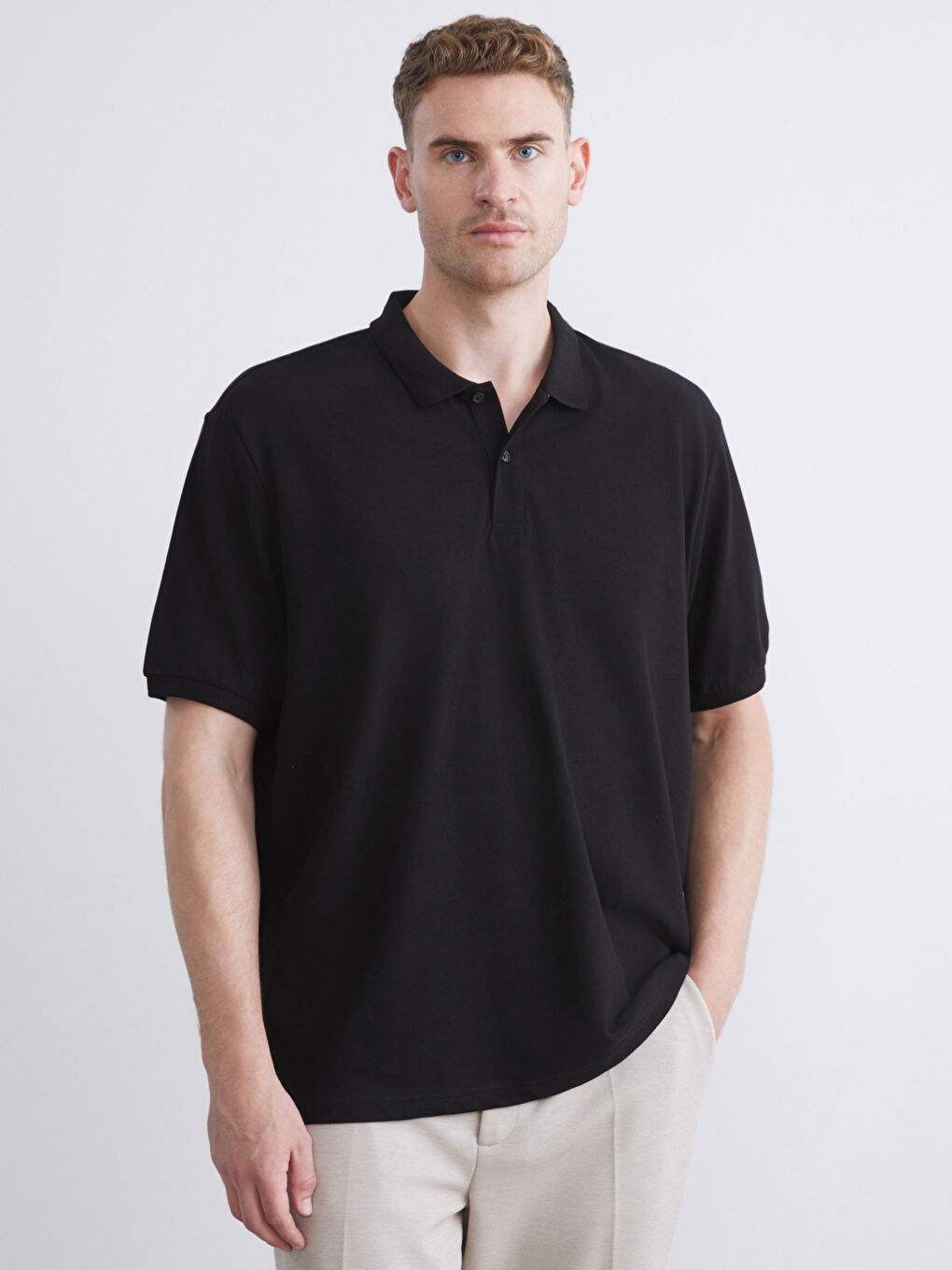 Siyah Büyük Beden Polo Yaka Pike Erkek Tişört-1