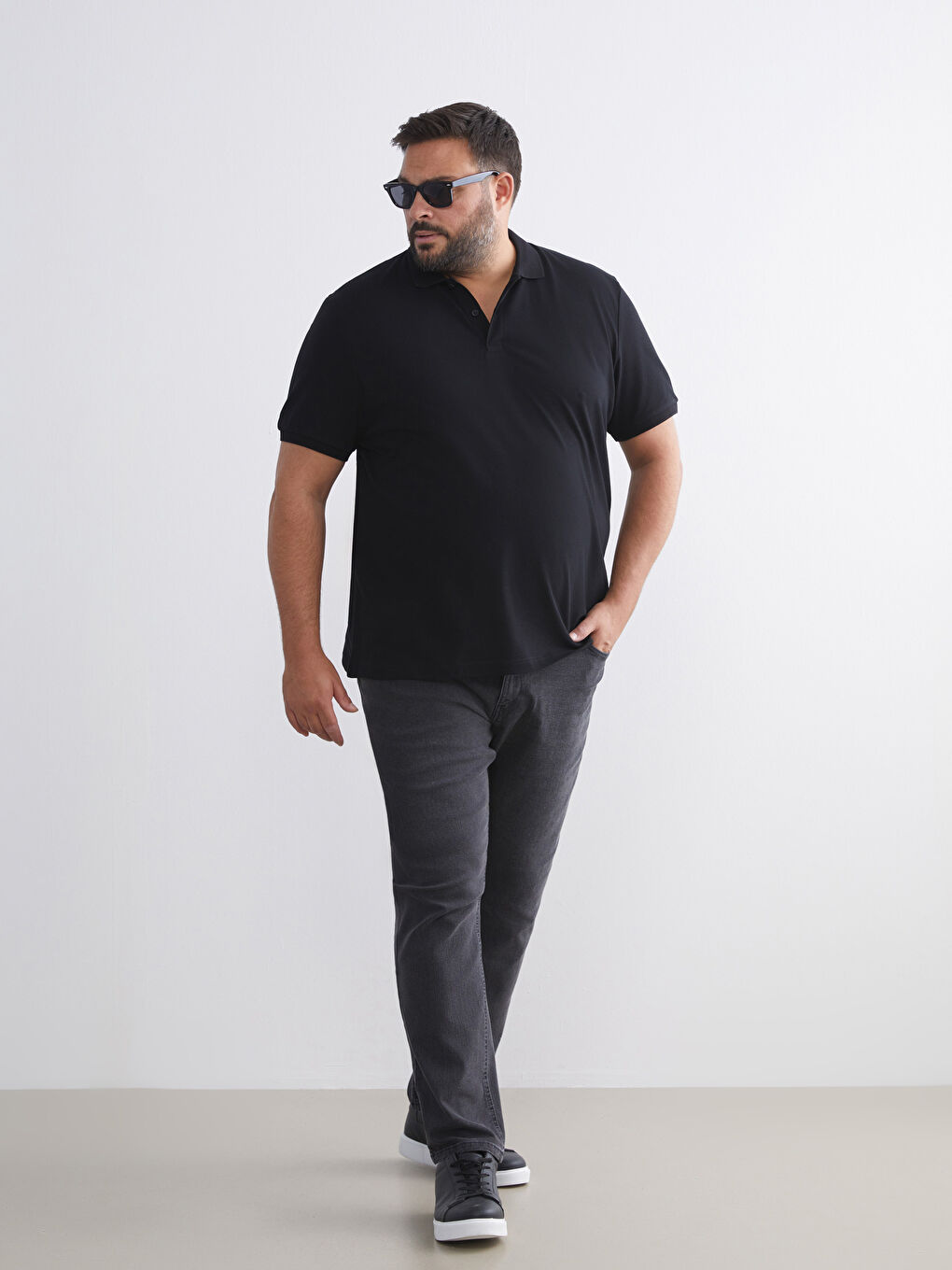Siyah Büyük Beden Polo Yaka Pike Erkek Tişört-3