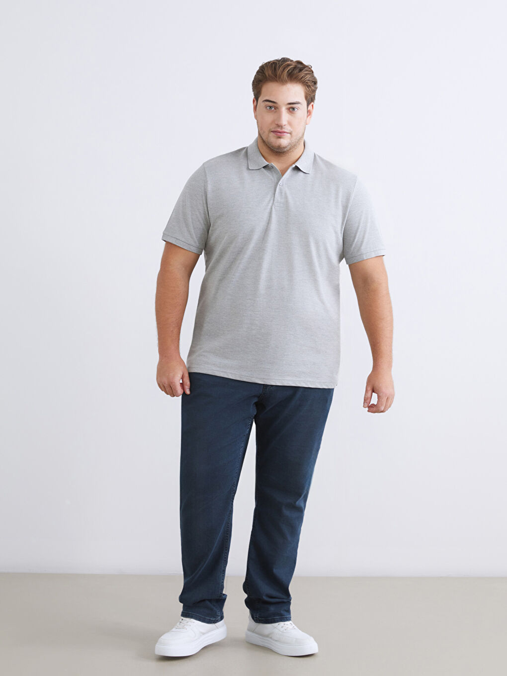 Gri Büyük Beden Polo Yaka Pike Erkek Tişört-1