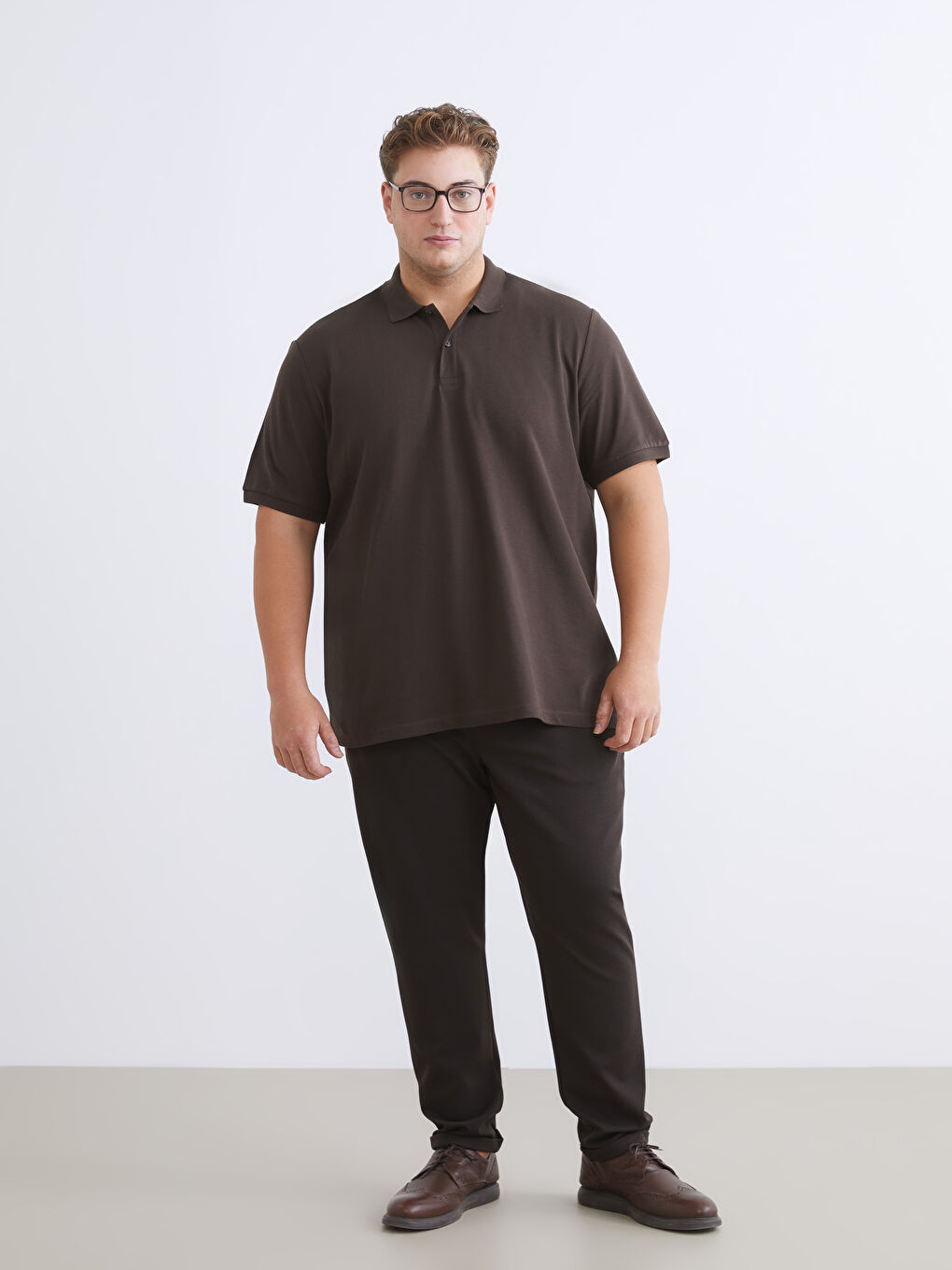 Kahverengi Büyük Beden Polo Yaka Pike Erkek Tişört-1