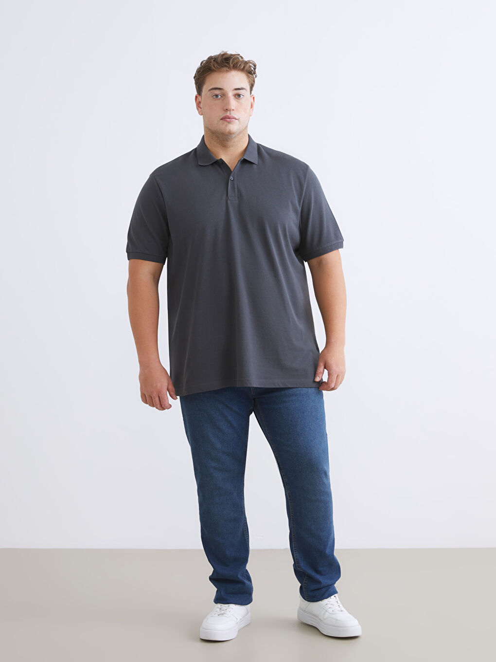 Antrasit Büyük Beden Polo Yaka Pike Erkek Tişört-1