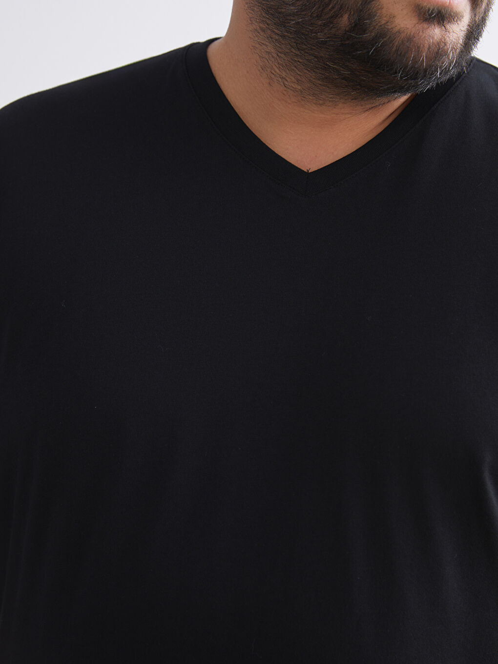 Siyah Büyük Beden V Yaka Penye Erkek Tişört-4