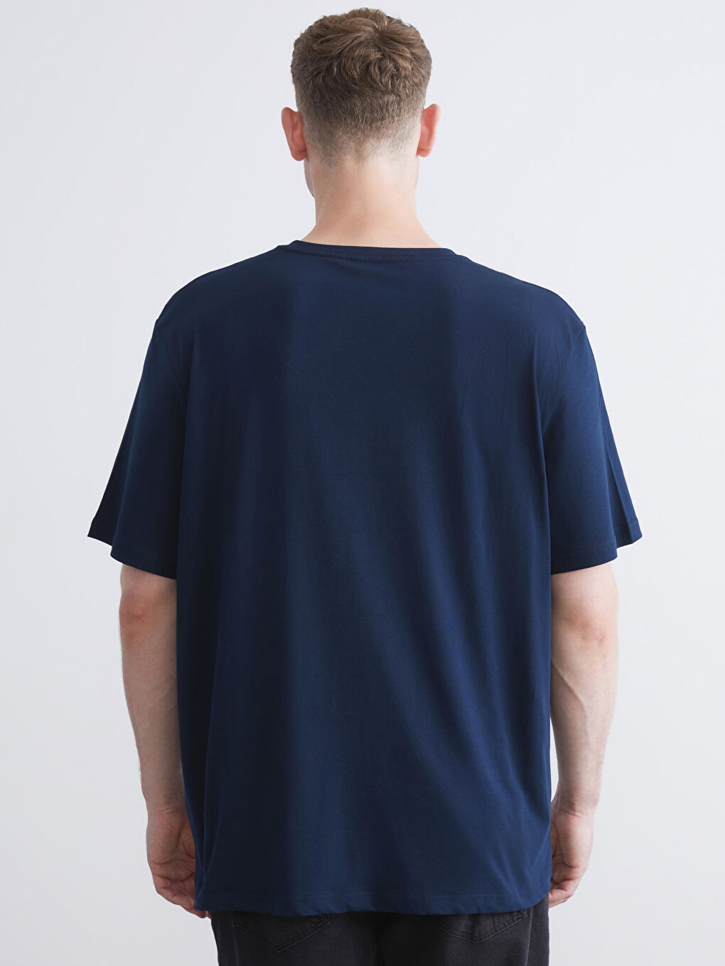 Lacivert Büyük Beden V Yaka Penye Erkek Tişört-11