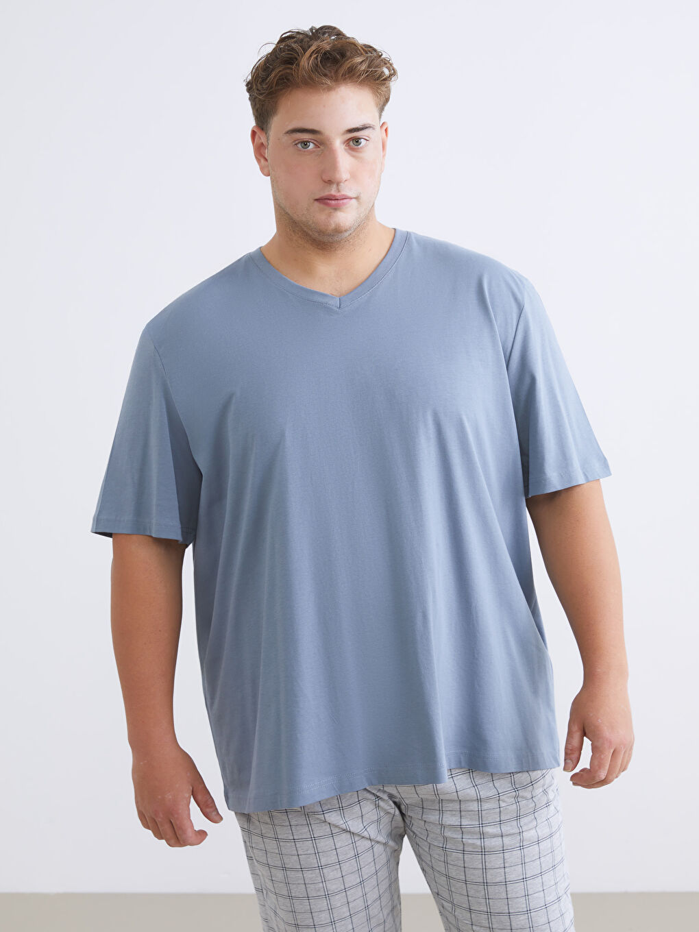 İndigo Büyük Beden V Yaka Penye Erkek Tişört-1