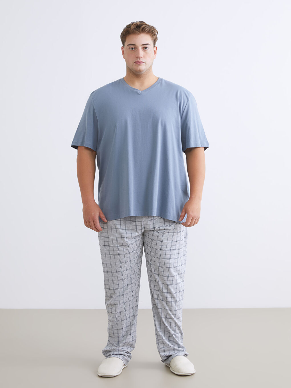 İndigo Büyük Beden V Yaka Penye Erkek Tişört-5