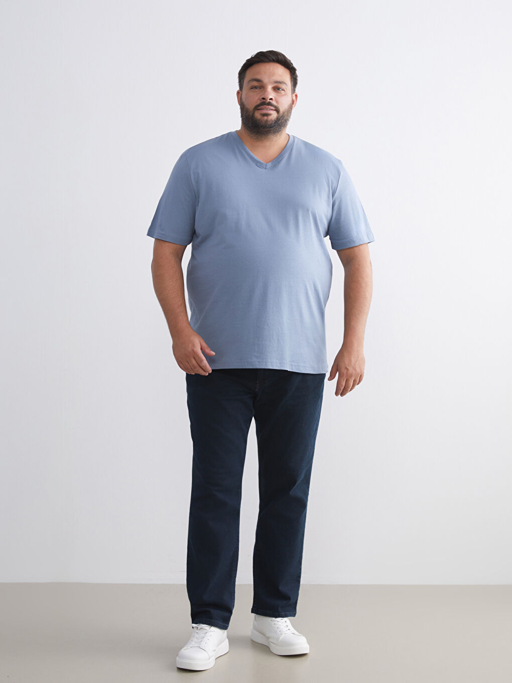 İndigo Büyük Beden V Yaka Penye Erkek Tişört-2