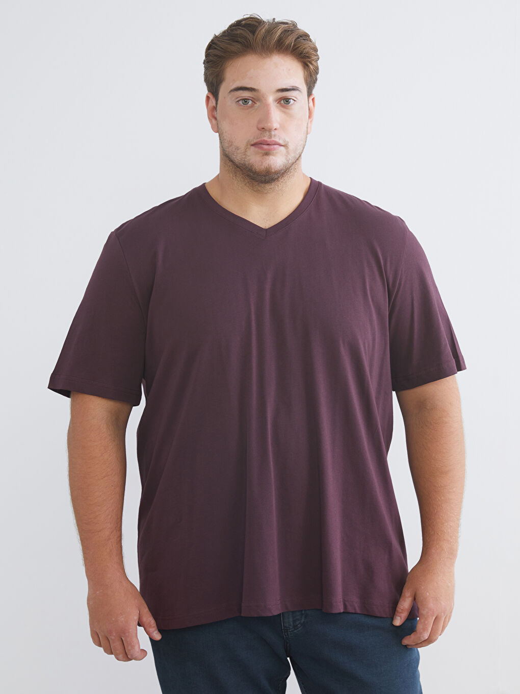 Mürdüm Büyük Beden V Yaka Penye Erkek Tişört