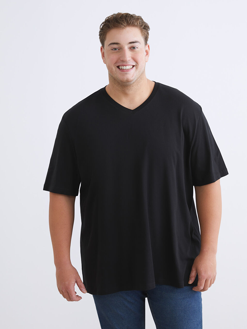 Siyah Büyük Beden V Yaka Penye Erkek Tişört-2