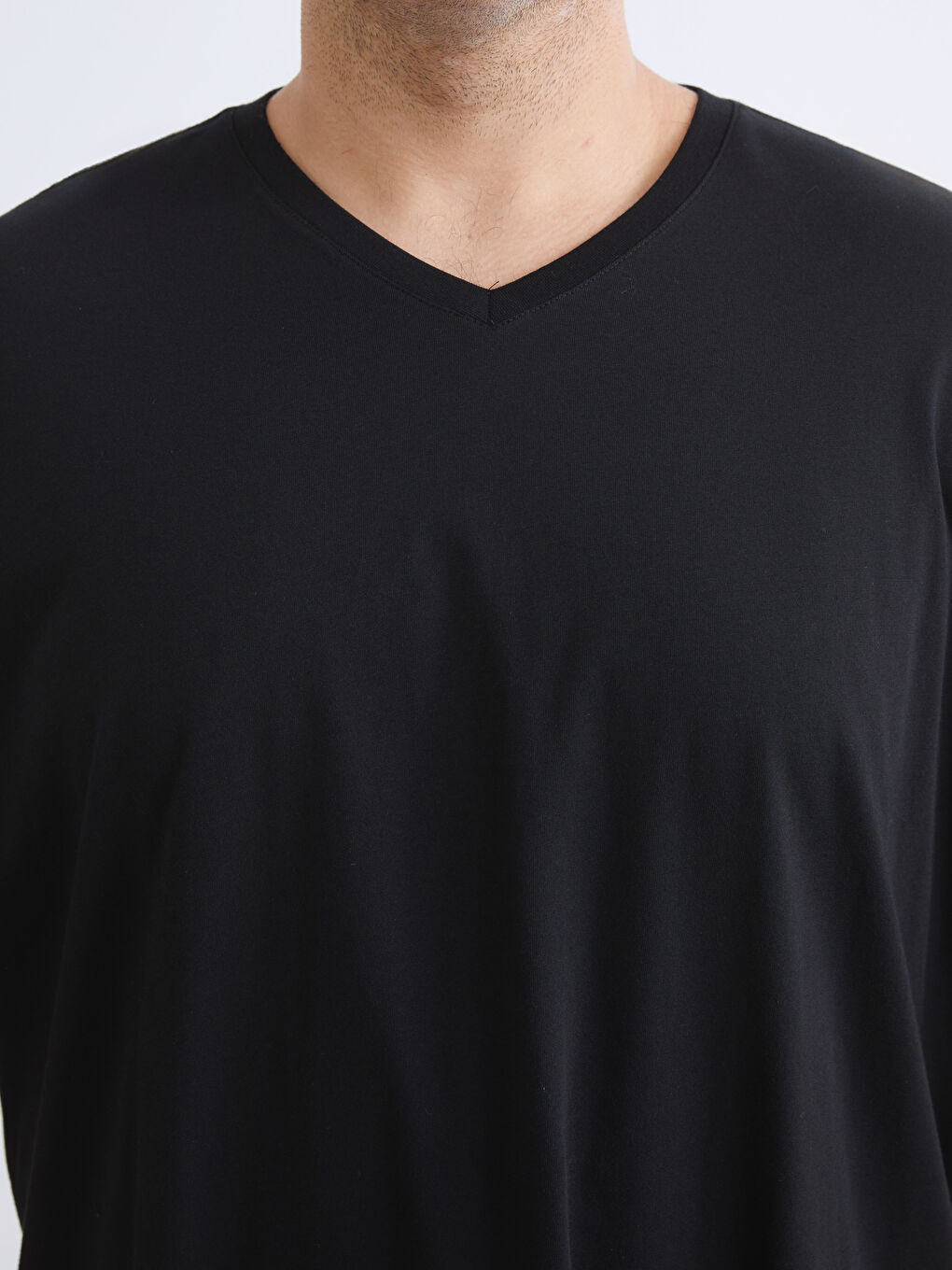 Siyah Büyük Beden V Yaka Penye Erkek Tişört-8