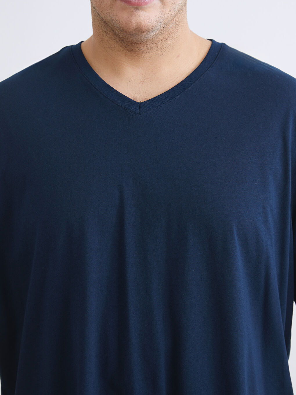 Lacivert Büyük Beden V Yaka Penye Erkek Tişört-8