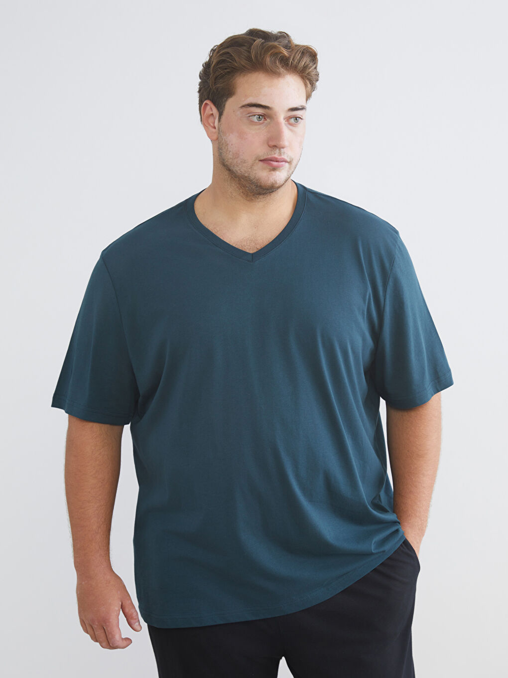 Petrol Büyük Beden V Yaka Penye Erkek Tişört