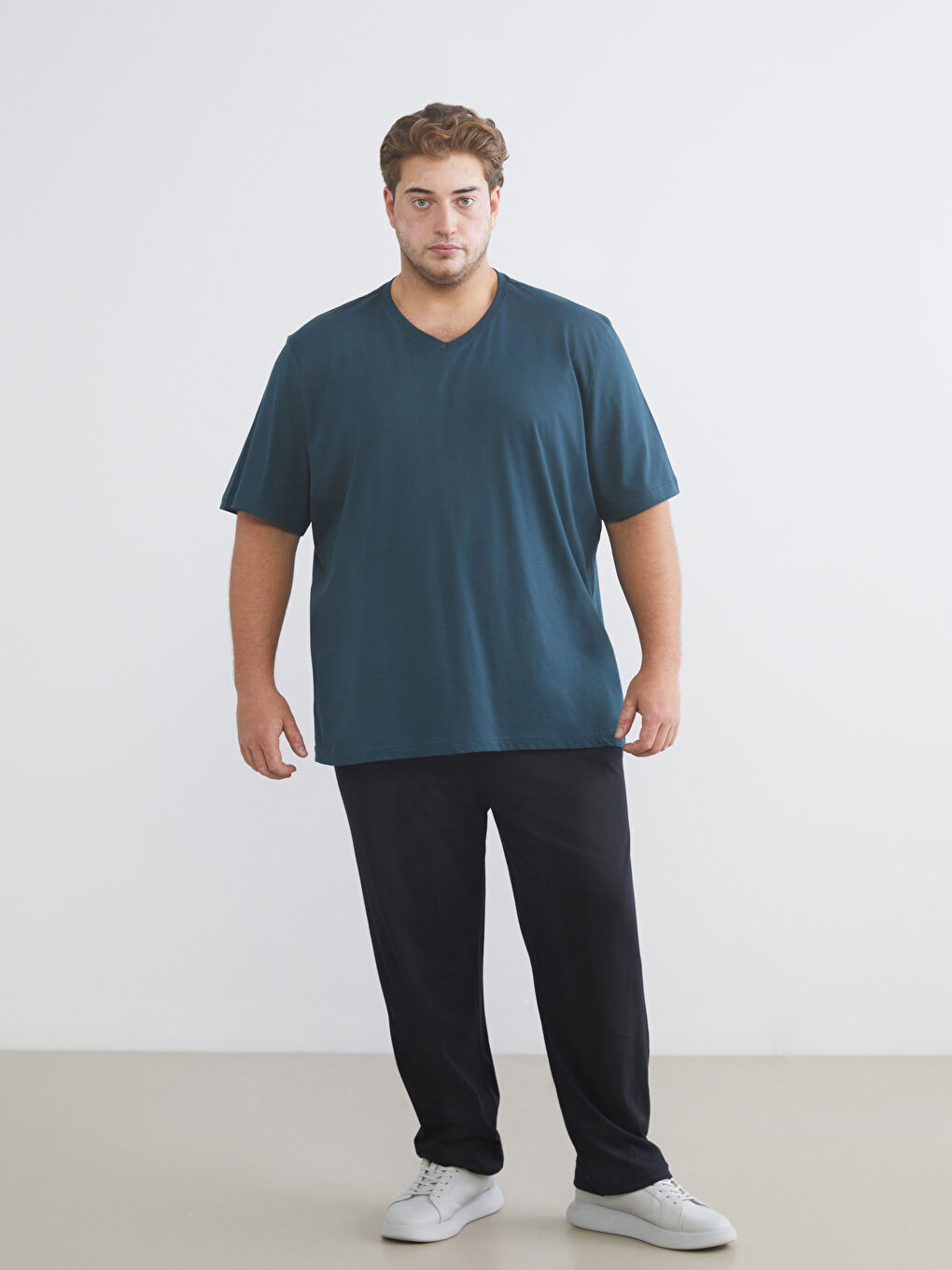 Petrol Büyük Beden V Yaka Penye Erkek Tişört-1