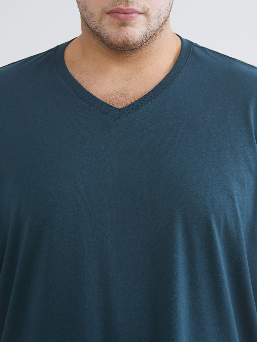 Petrol Büyük Beden V Yaka Penye Erkek Tişört-2