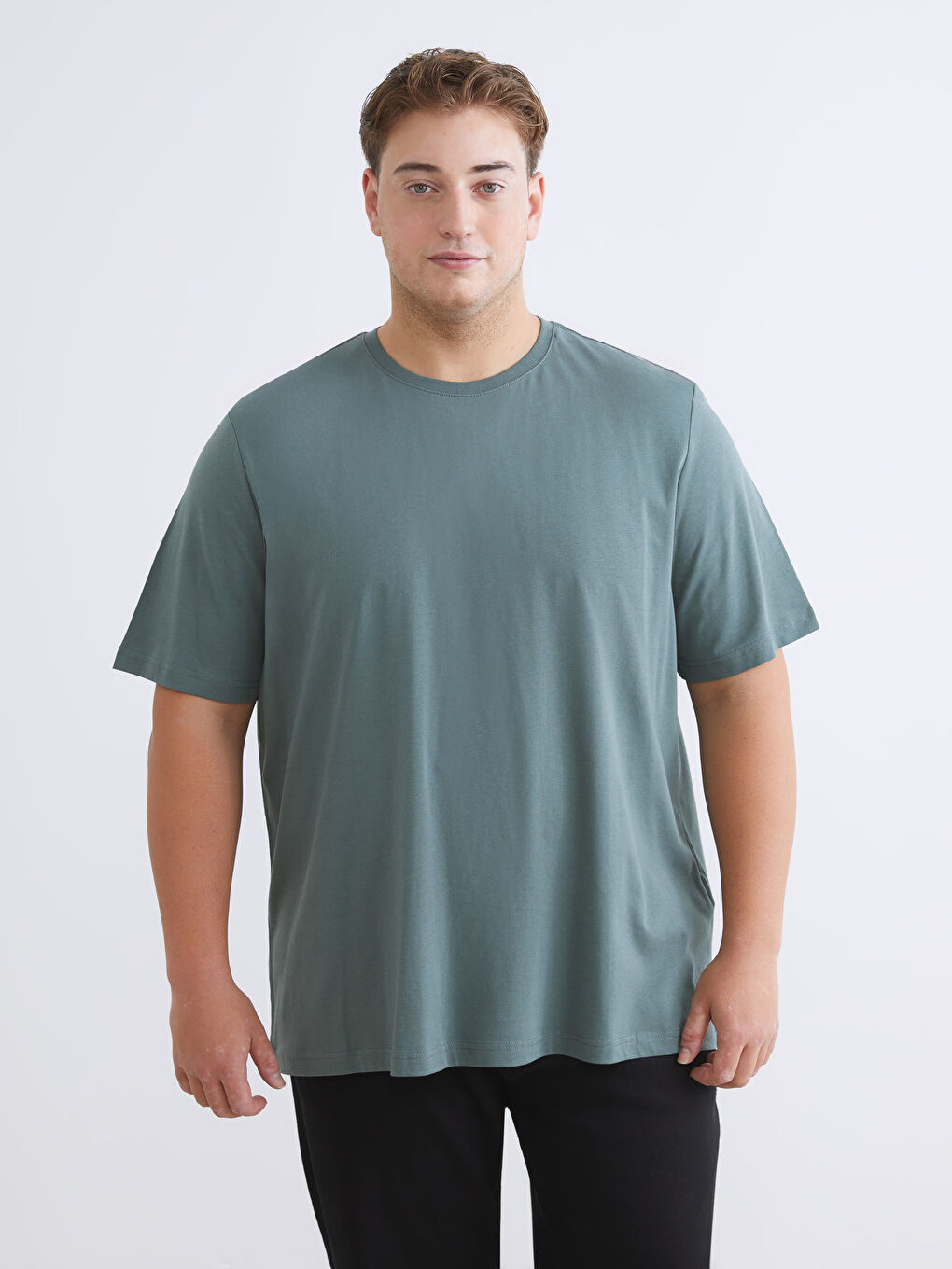 Yeşil Büyük Beden Basic Penye Erkek Tişört-1