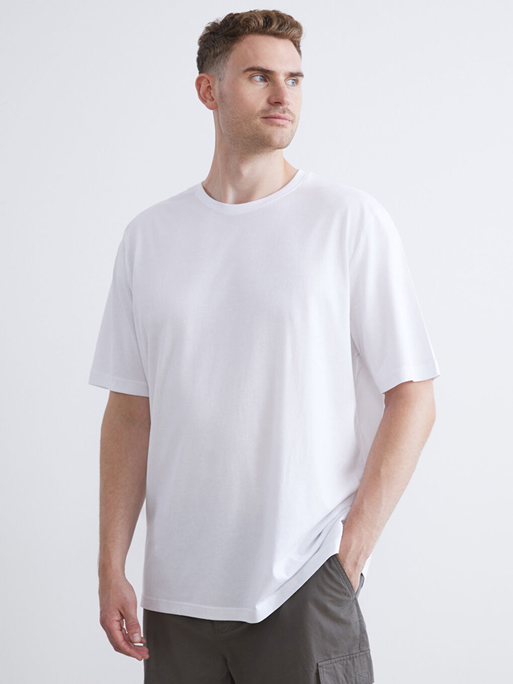 Beyaz Büyük Beden Basic Penye Erkek Tişört-1