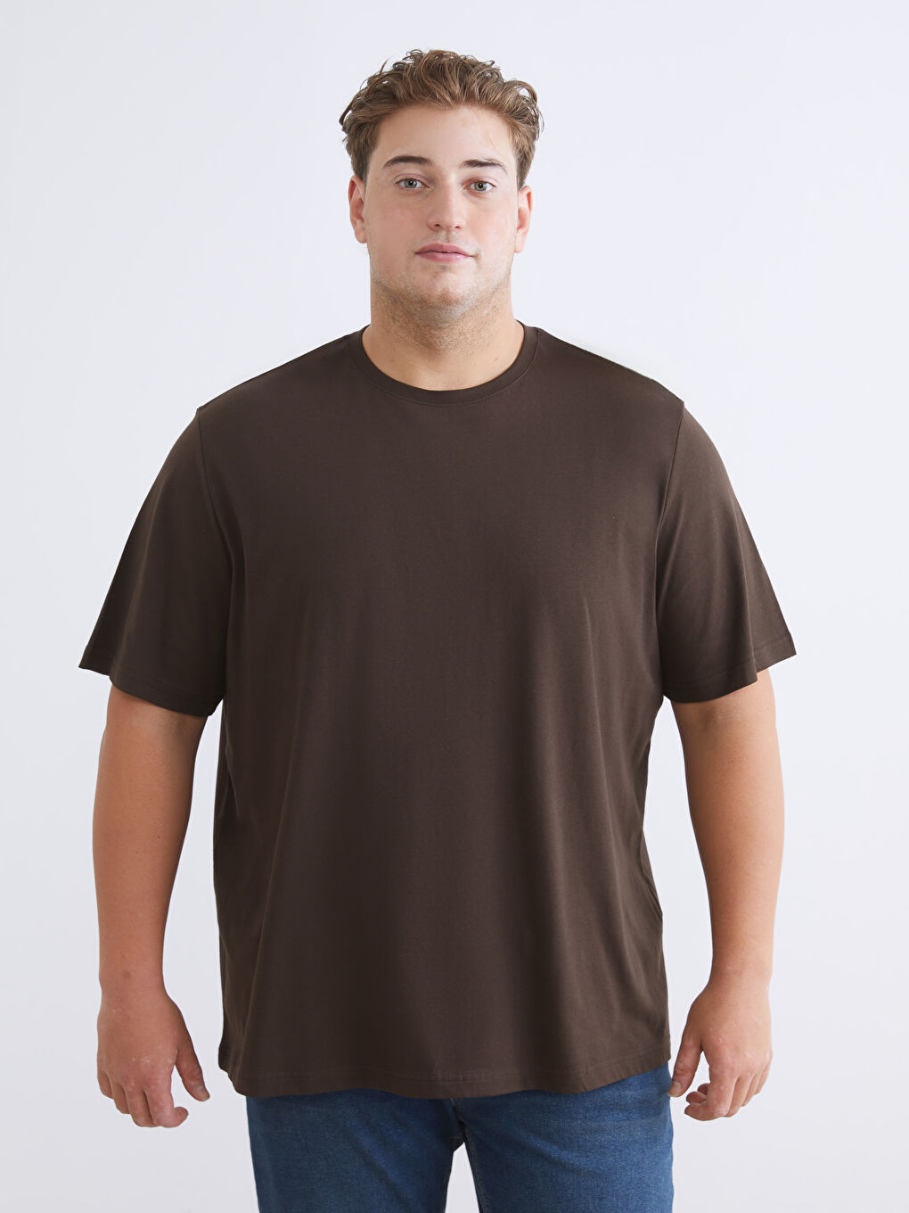 Kahverengi Büyük Beden Basic Penye Erkek Tişört-1