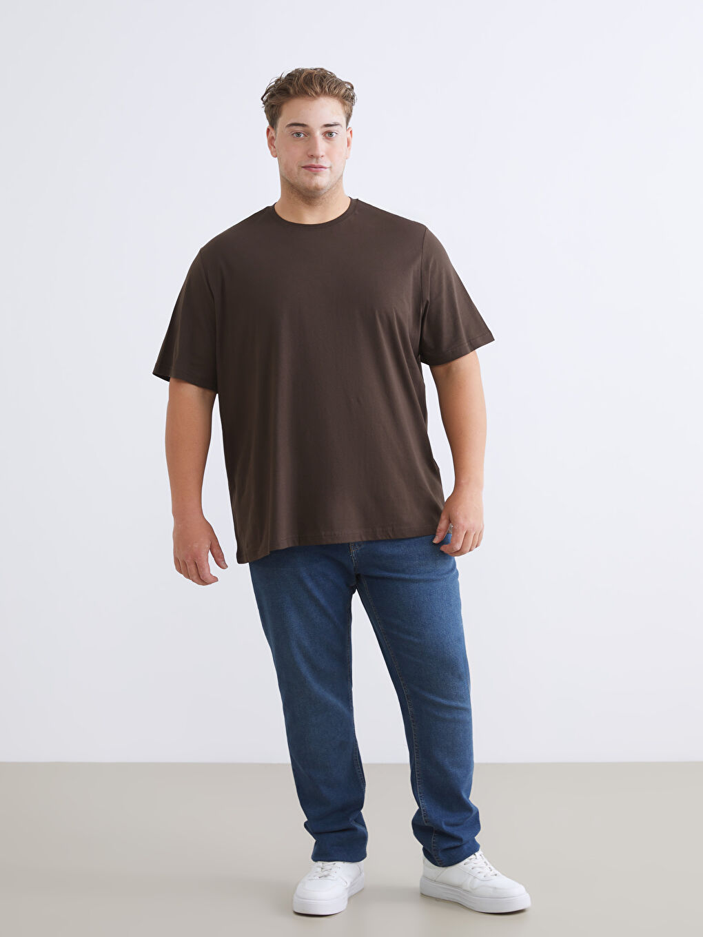 Kahverengi Büyük Beden Basic Penye Erkek Tişört-4