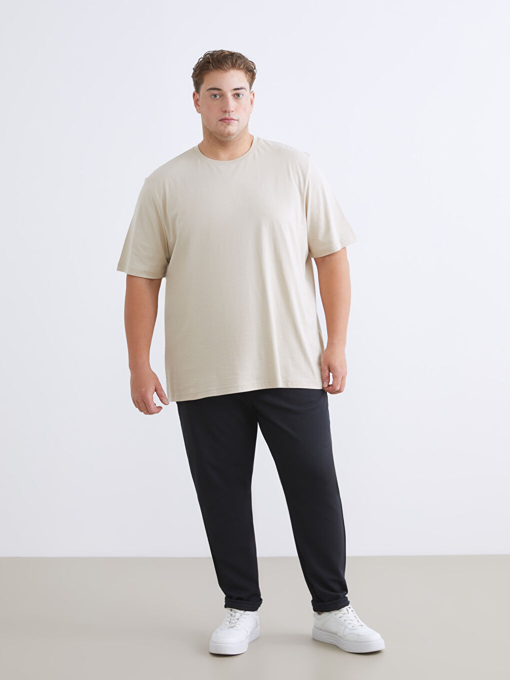 Bej Büyük Beden Basic Penye Erkek Tişört-5