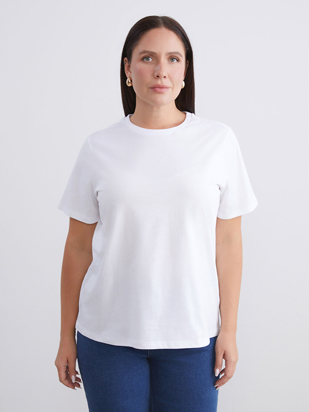 Siyah Büyük Beden Bisiklet Yaka Kadın Tişört 2'li-1