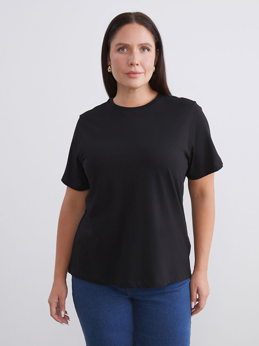 Siyah Büyük Beden Bisiklet Yaka Kadın Tişört 2'li-2