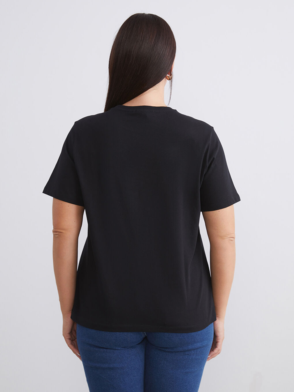 Siyah Büyük Beden Bisiklet Yaka Kadın Tişört 2'li-6