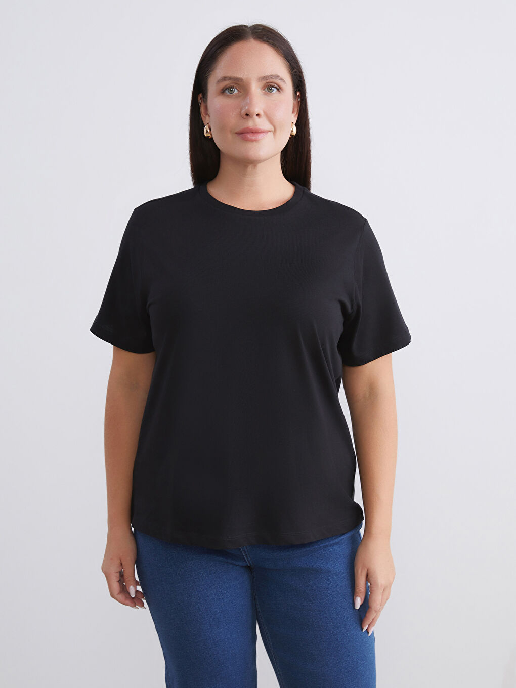 Siyah Büyük Beden Bisiklet Yaka Kadın Tişört 2'li-1