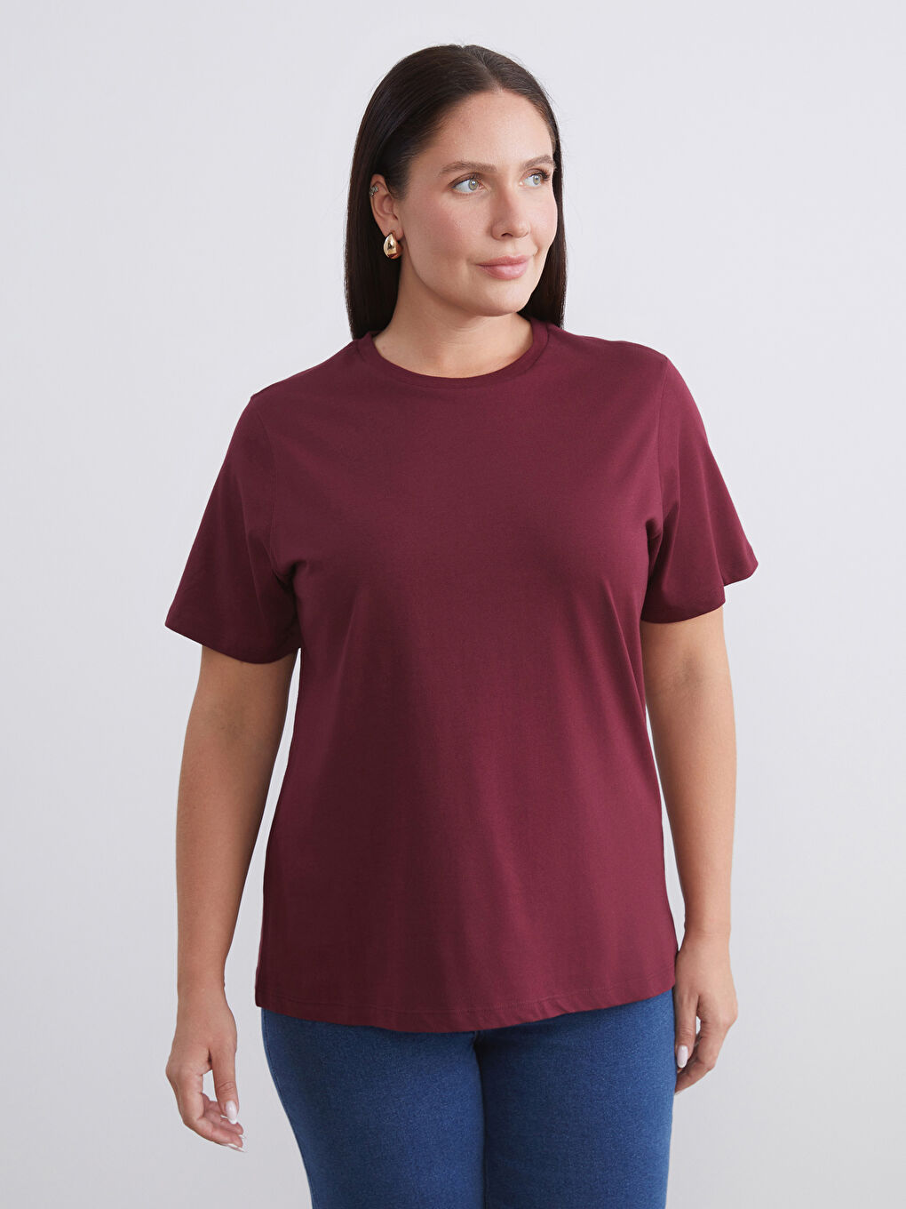 Siyah Büyük Beden Bisiklet Yaka Kadın Tişört 2'li-2