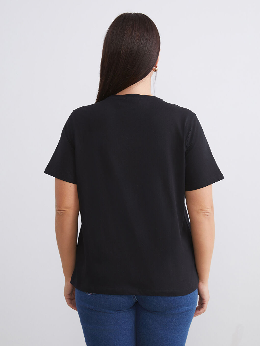 Siyah Büyük Beden Bisiklet Yaka Kadın Tişört 2'li-6