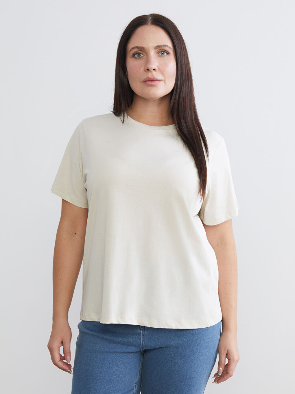 Kahverengi Büyük Beden Bisiklet Yaka Kadın Tişört 2'li-1