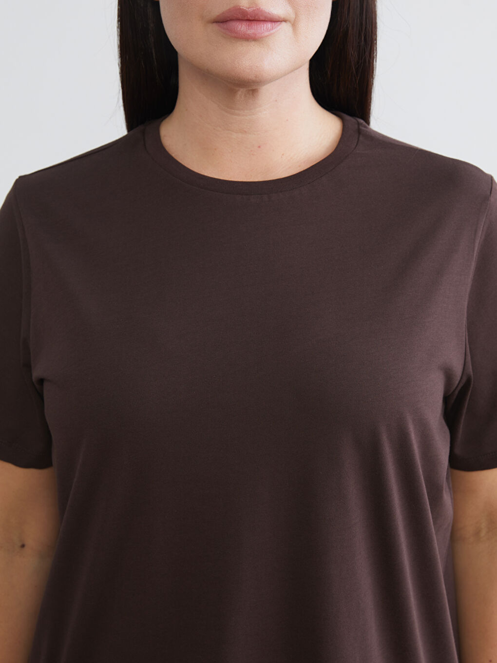 Kahverengi Büyük Beden Bisiklet Yaka Kadın Tişört 2'li-5