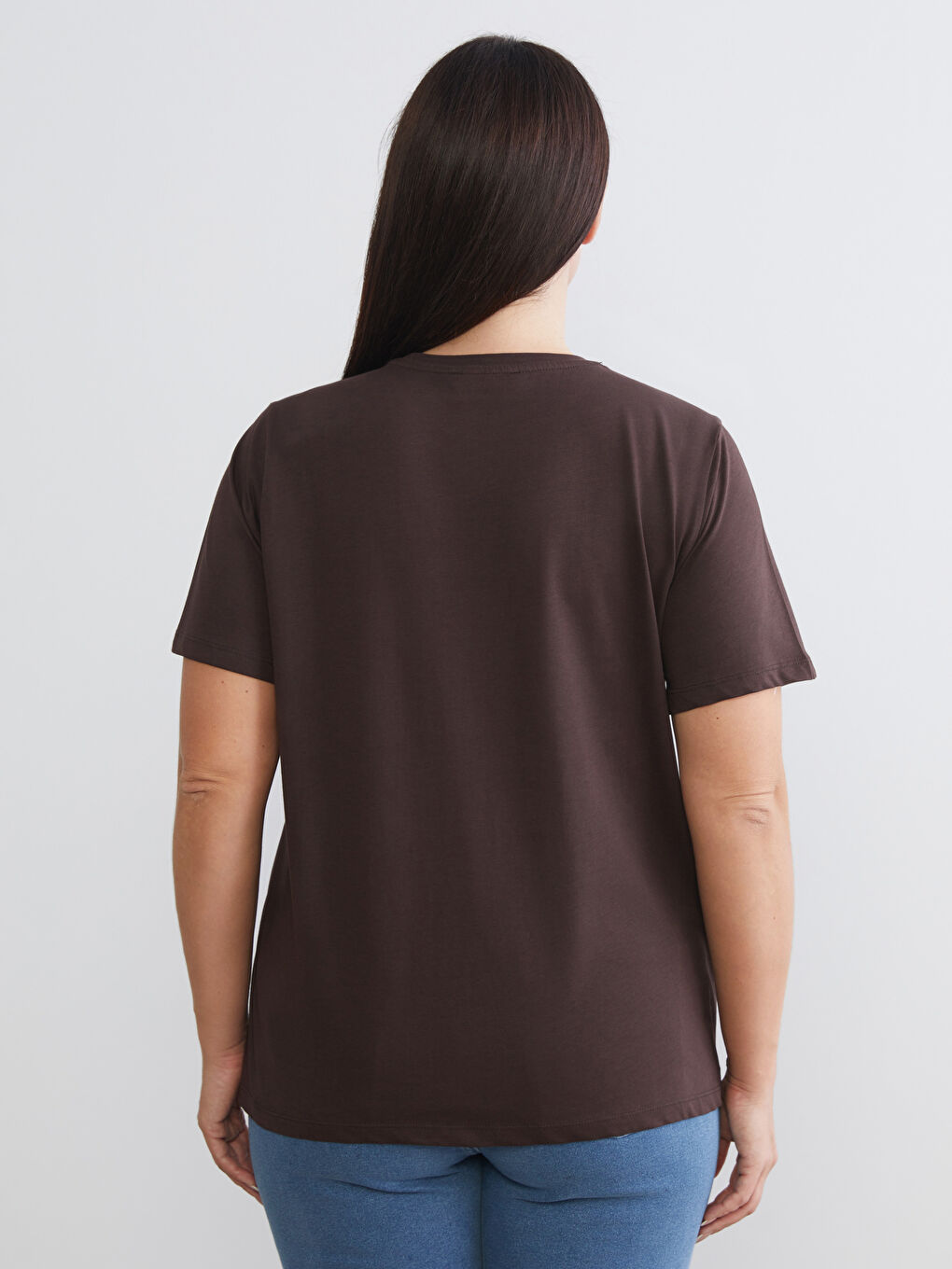 Kahverengi Büyük Beden Bisiklet Yaka Kadın Tişört 2'li-7