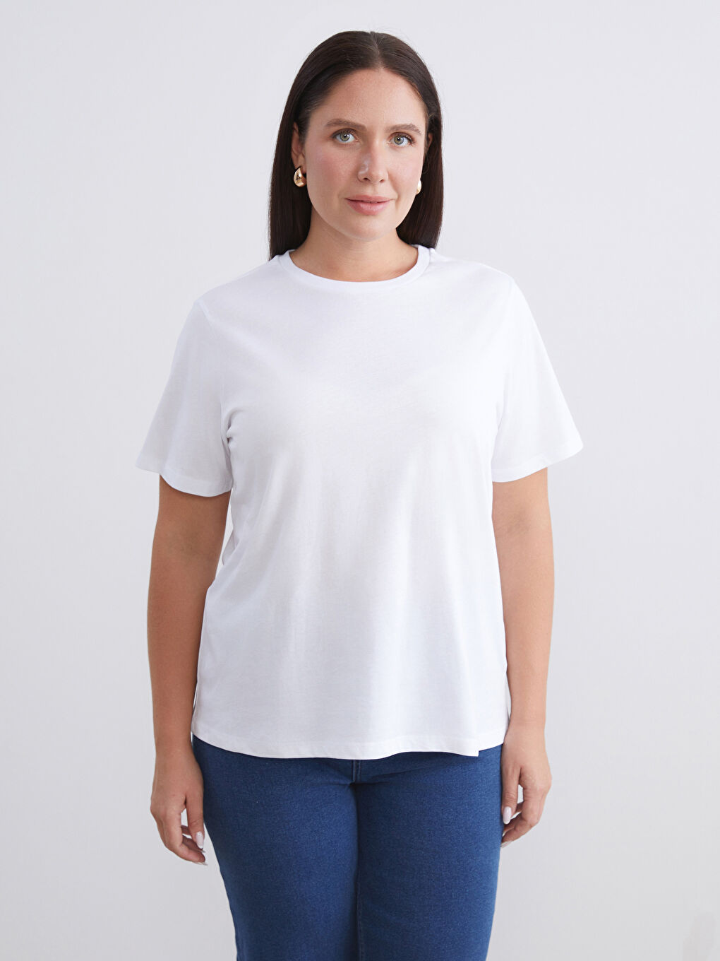 Beyaz Büyük Beden Bisiklet Yaka Kadın Tişört 2'li-1