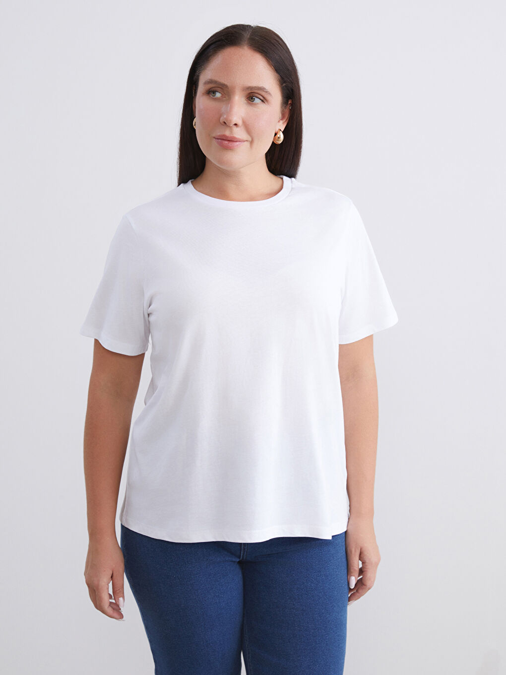 Beyaz Büyük Beden Bisiklet Yaka Kadın Tişört 2'li-2