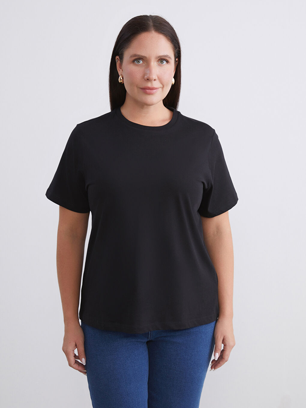 Siyah Büyük Beden Bisiklet Yaka Kadın Tişört 2'li-1