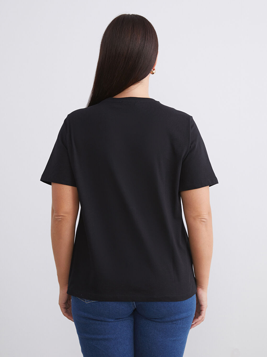 Siyah Büyük Beden Bisiklet Yaka Kadın Tişört 2'li-5