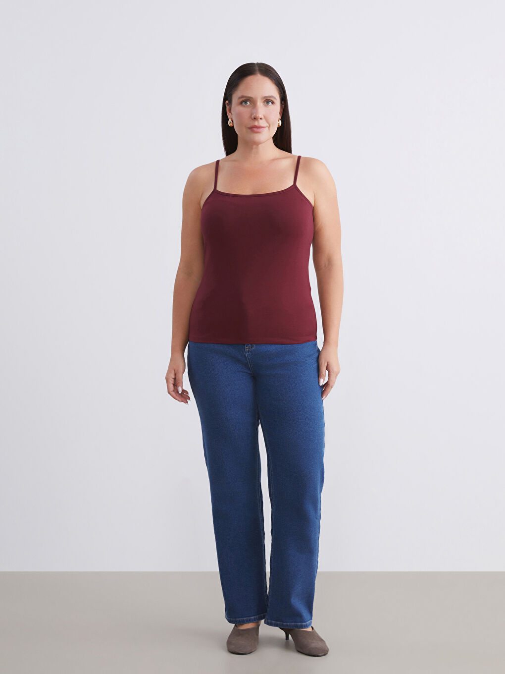 Bordo Büyük Beden U Yaka Kadın Atlet 2'li-3