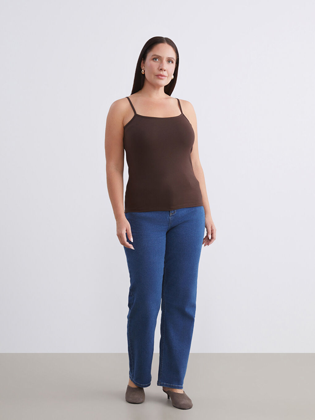 Kahverengi Büyük Beden U Yaka Kadın Atlet 2'li-3