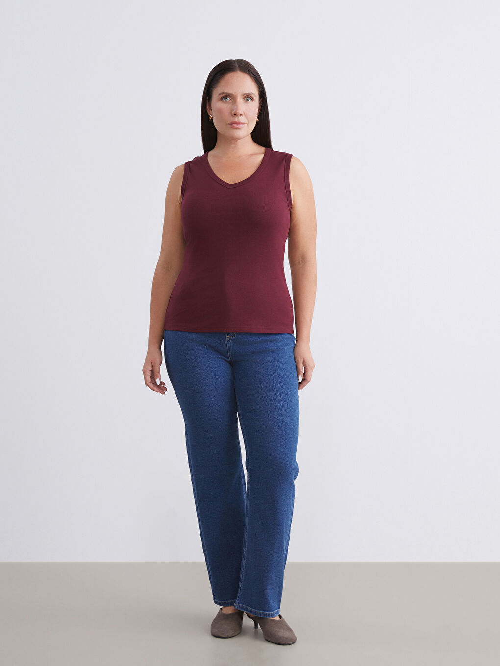 Bordo Büyük Beden V Yaka Kadın Atlet 2'li-3