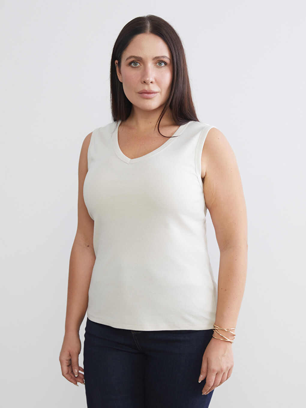 Bej Büyük Beden V Yaka Kadın Atlet 2'li-1