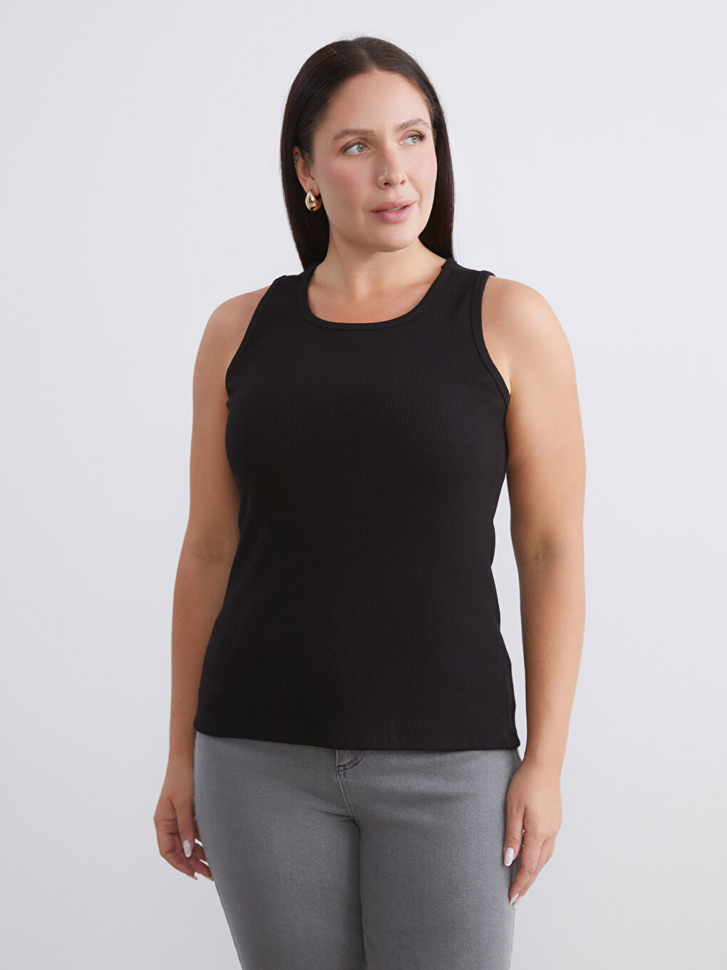 Siyah Büyük Beden Bisiklet Yaka Kadın Atlet 2'li-1