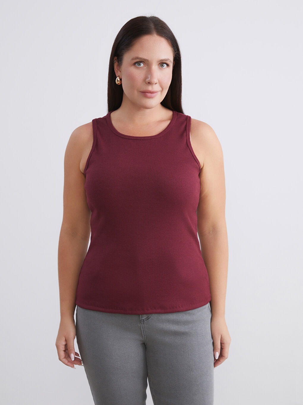 Bordo Büyük Beden Bisiklet Yaka Kadın Atlet 2'li-1