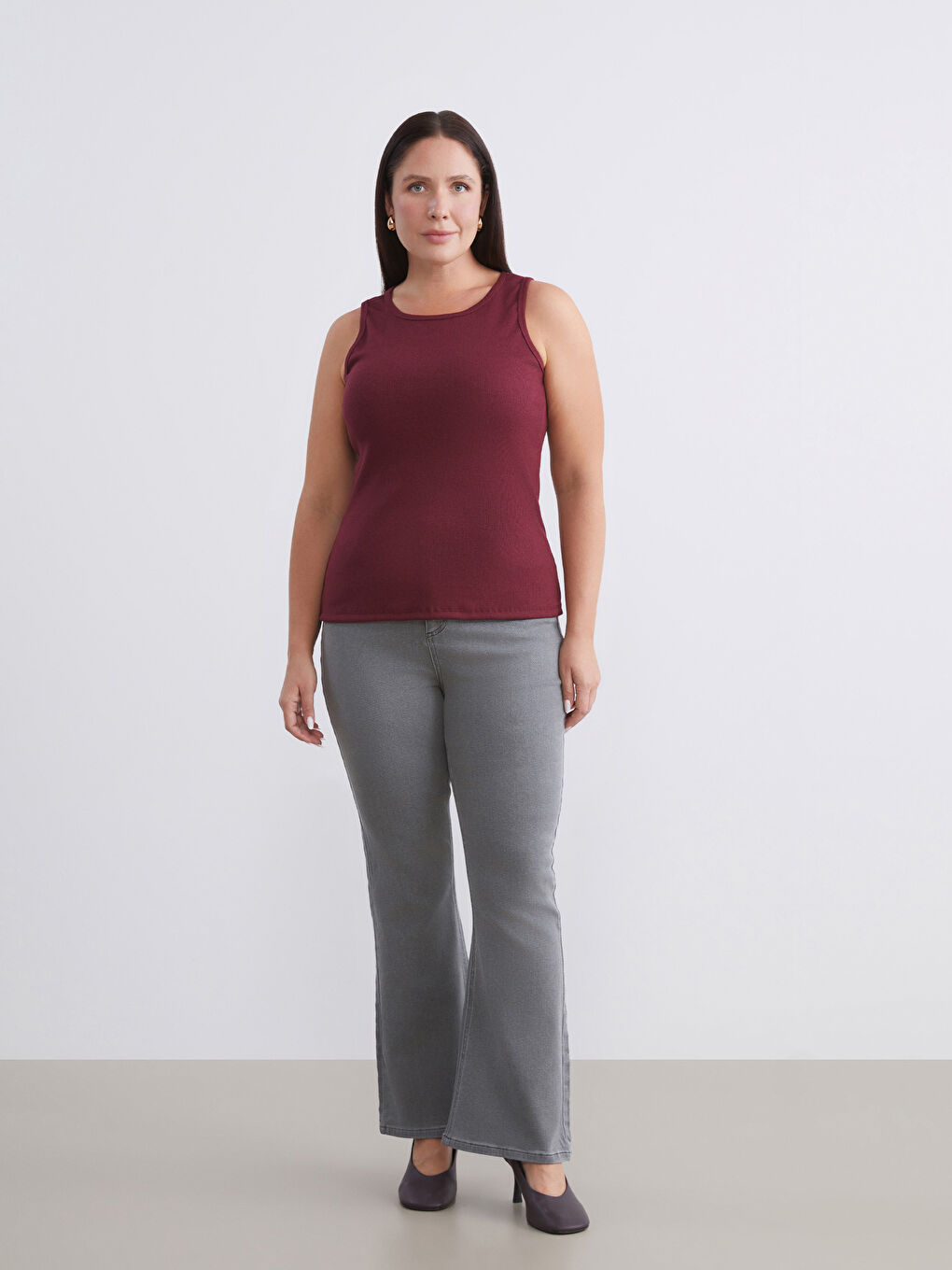 Bordo Büyük Beden Bisiklet Yaka Kadın Atlet 2'li-3