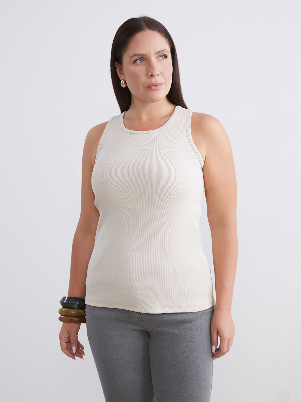 Bej Büyük Beden Bisiklet Yaka Kadın Atlet 2'li-1